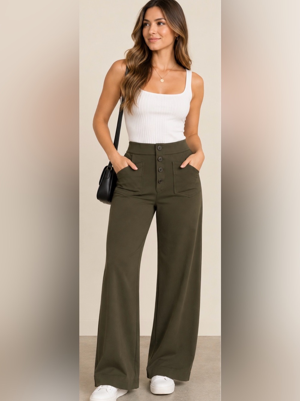 Halara M Petite Olive Green High Rise Wide Leg Stretch Utility Pants